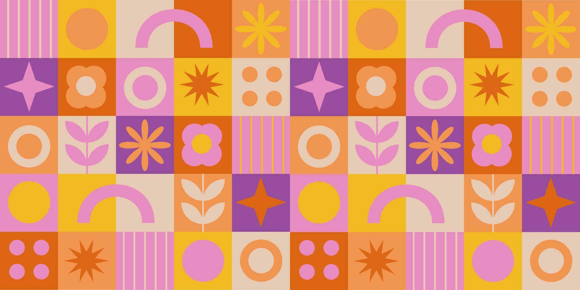 Scandinavian retro botanical pattern. Bright geometric seamless with abstract shape and flower in Bauhaus style. vector