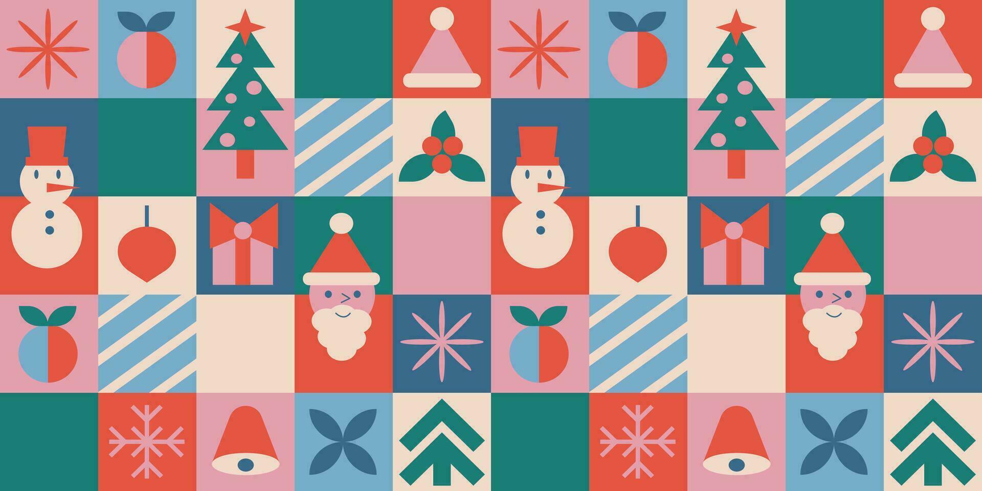 Geometric abstract pattern with santa and christmas tree. Retro seamless with snowflake and toy in modern nordic style. Background with grid vector