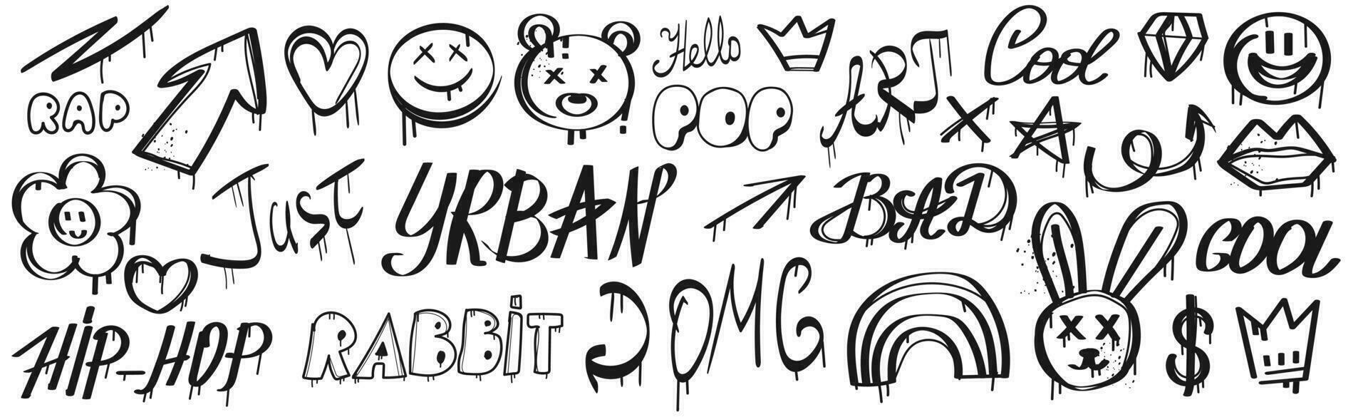 Set graffiti elements. Drawing slogan in urban style. Emoticon, bear, lettering street. Art graffiti lettering, spray effect. Vector illustration