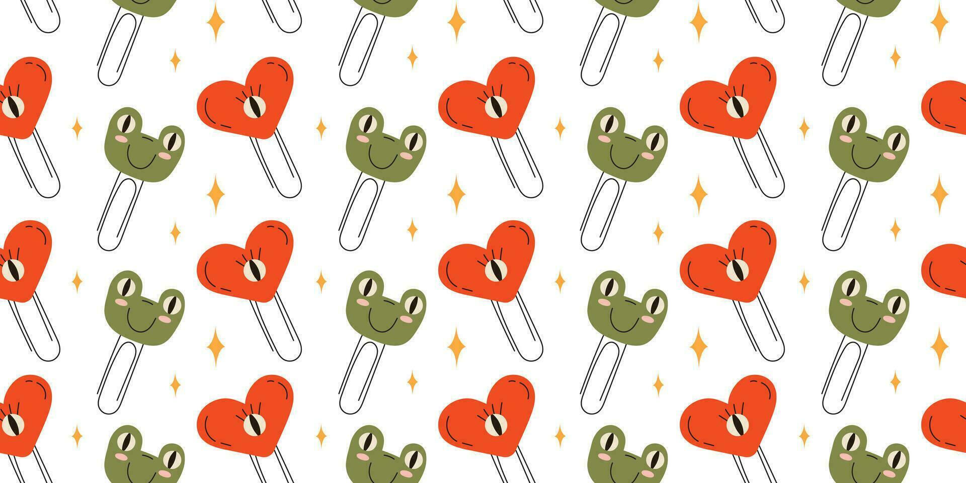 Seamless pattern with childrens paper clips on a white background. paper clip frog. Pattern for wrapping paper print on fabric. Vector stock illustration in hand drawn style.