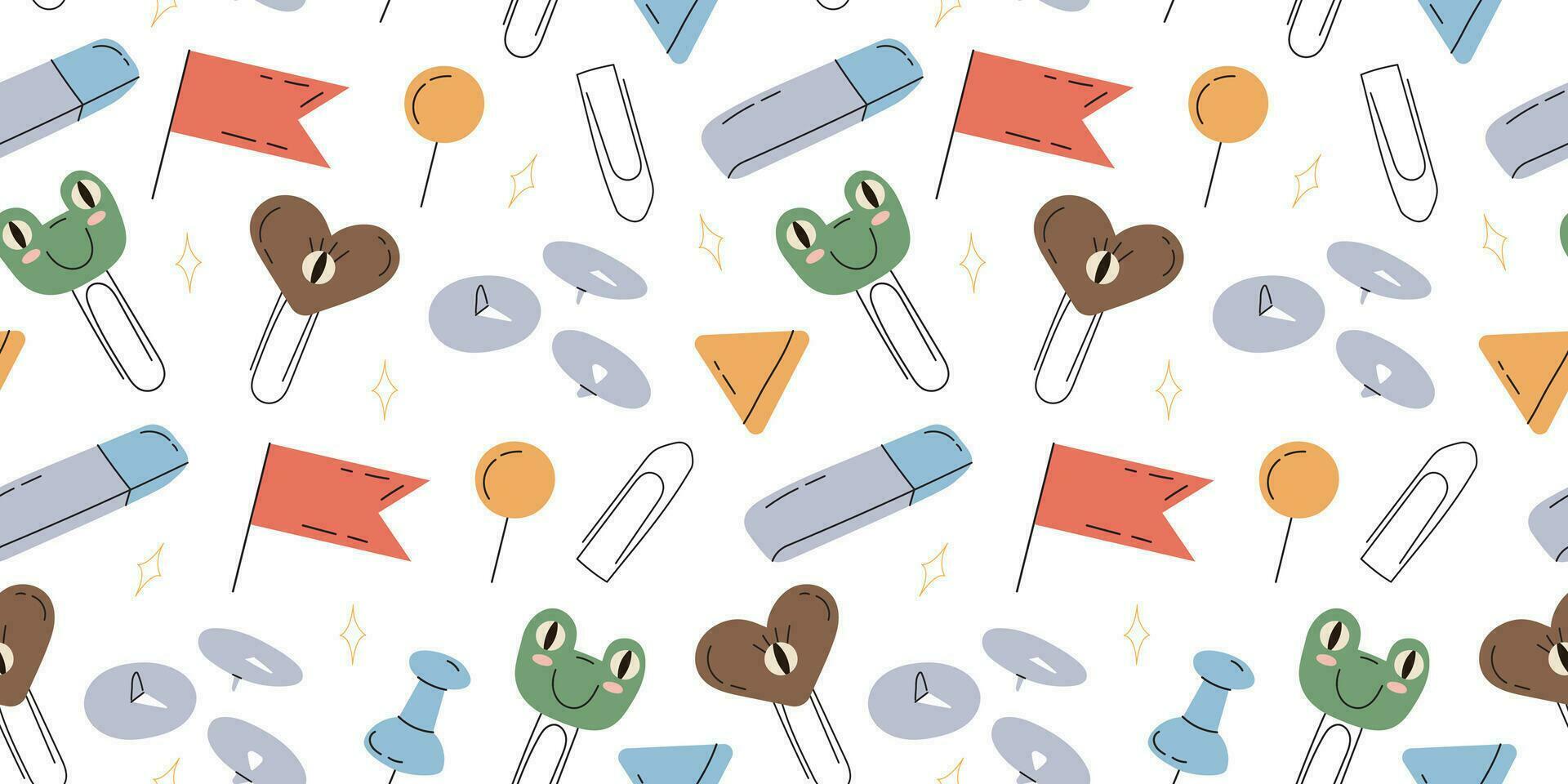 Seamless pattern with childrens paper clips on a white background. paper clip frog. Pattern for wrapping paper print on fabric. Vector stock illustration in hand drawn style.