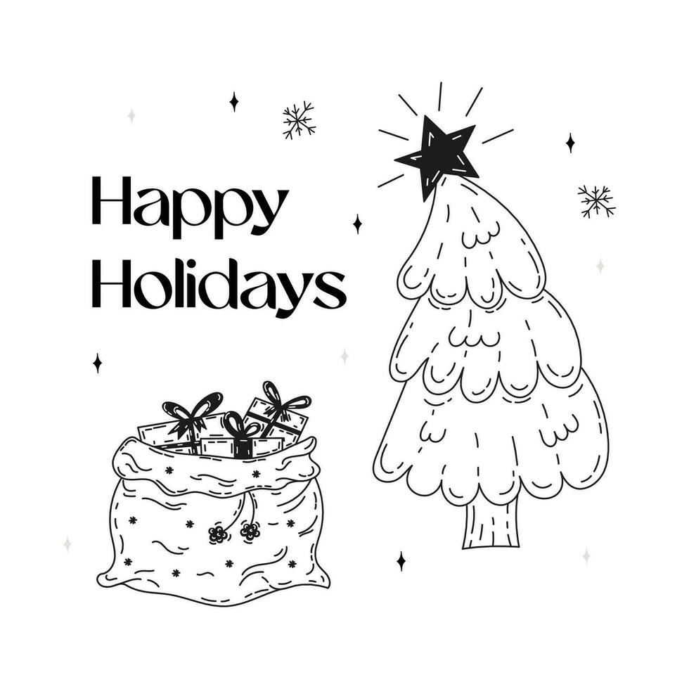 Christmas set of doodle elements. Hand drawn Christmas graphics. Vector stock illustration on isolated white background. Christmas card with a festive fir tree and a bag of gifts.