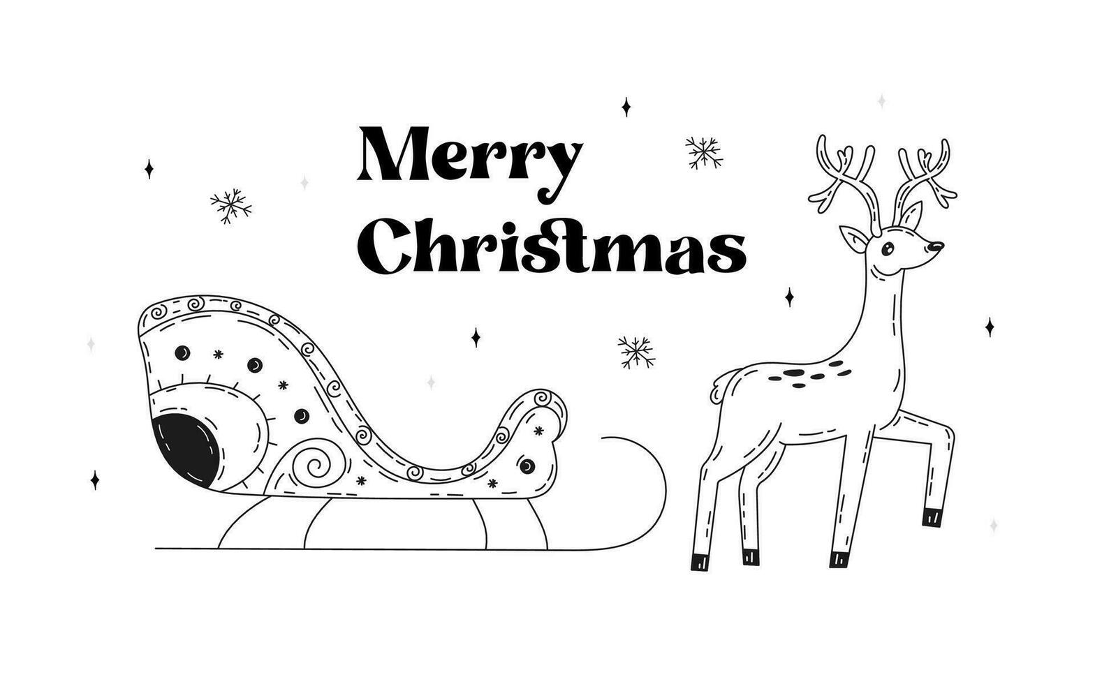Happy winter holidays postcard. Hand drawn Christmas graphics. Set of holiday elements for design. Christmas card with deer and sleigh in doodle style. Vector stock illustration on white background.