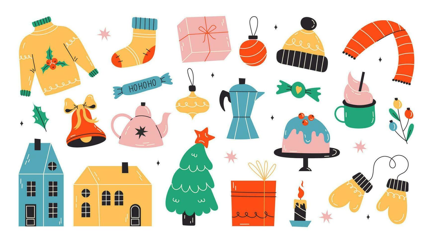 Set of Cute Merry Christmas and Happy New Year Illustrations or stickers. Festive christmas characters and objects. Vector stock illustration on isolated white background. Winter clothes, bell, gift.