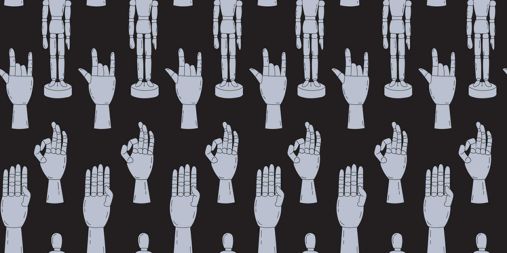 Seamless pattern with wooden mannequin and hand gestures on a black background. Pattern for wrapping paper print on fabric. Vector stock illustration in hand drawn style.