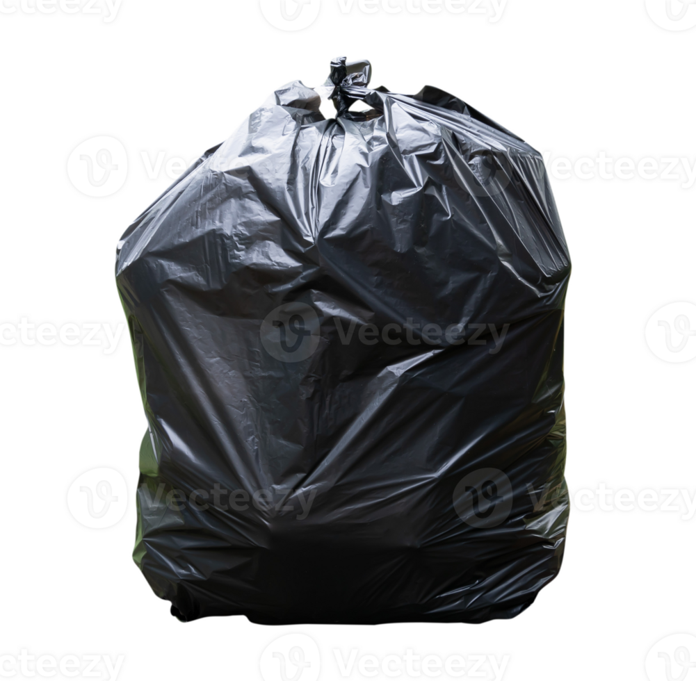 Single black garbage plastic bag with trash inside isolated with clipping path in png file format. environment conservation concept