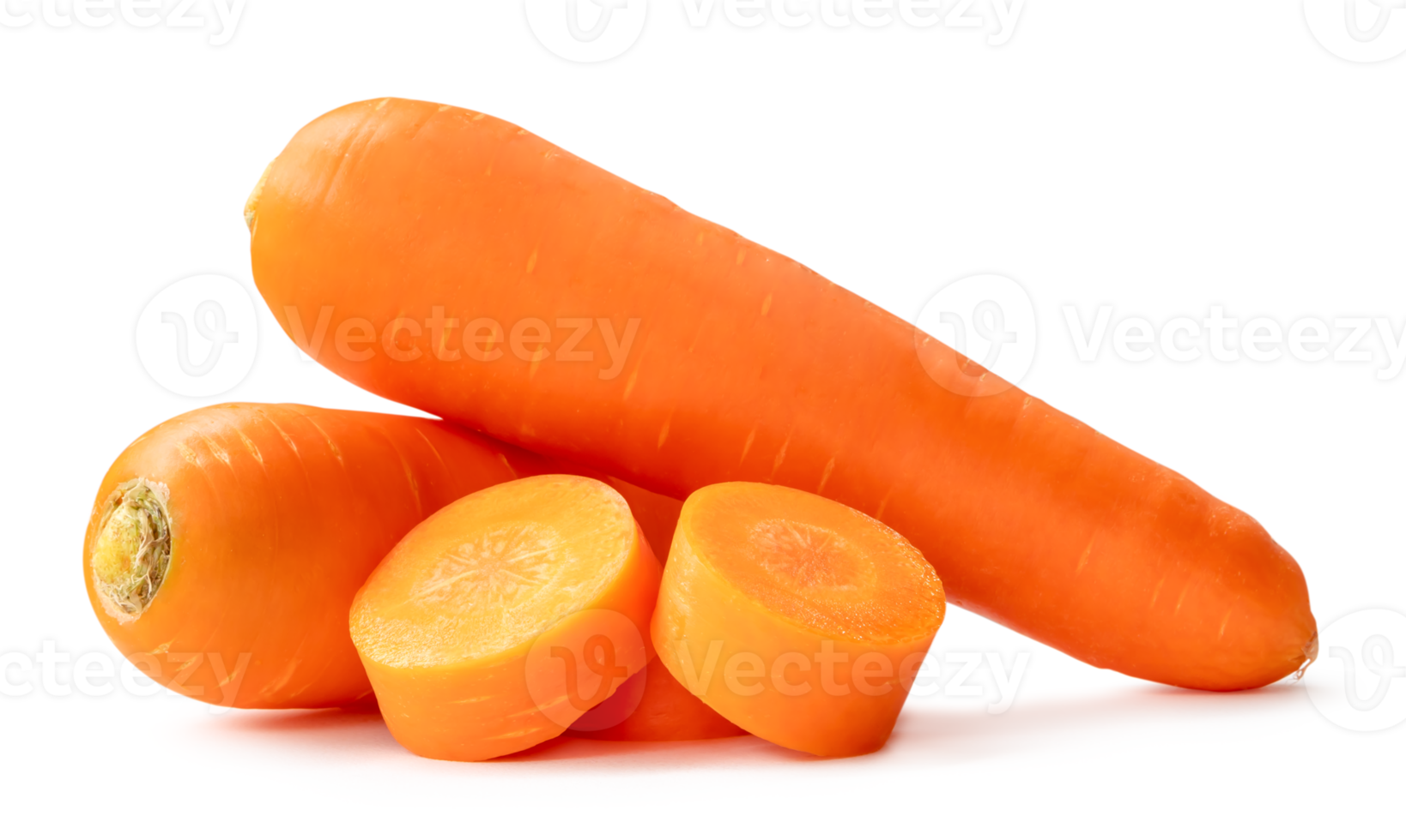 Two fresh orange carrots with slices in stack isolated with clipping path and shadow in png file format Close up of healthy vegetable root