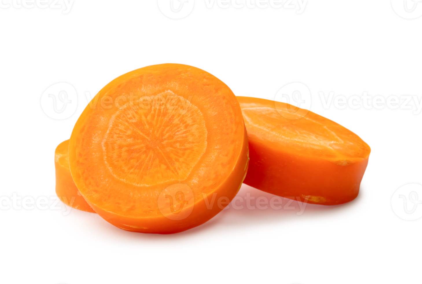 Beautiful orange  carrot slices in stack isolated with clipping path and shadow in png file format