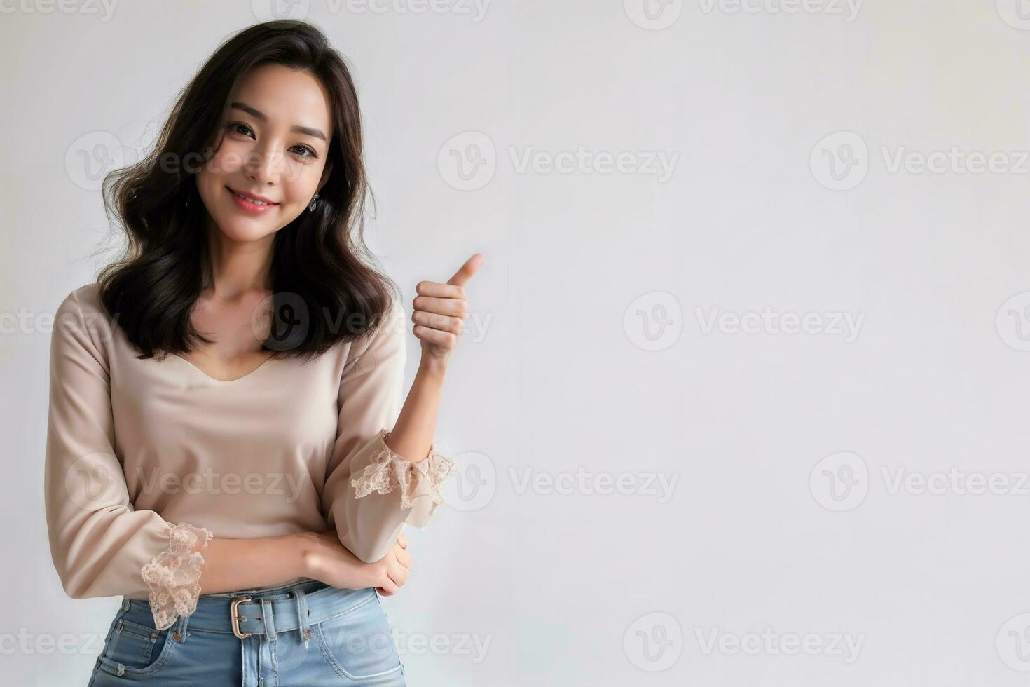 Generated image woman thumb-up for something in her left side with copy space white background photo