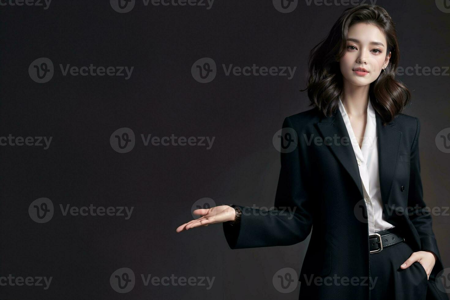 AI generated of business woman wear navy blue suit with copy space photo