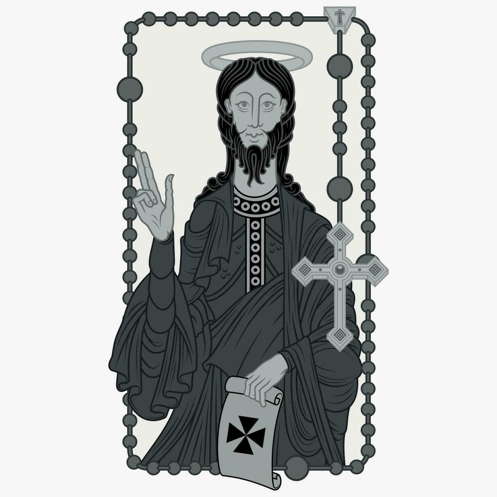 vector diseño de apóstol Santo James con antiguo pergamino, apóstol Santo James con cristiano rosario como un marco