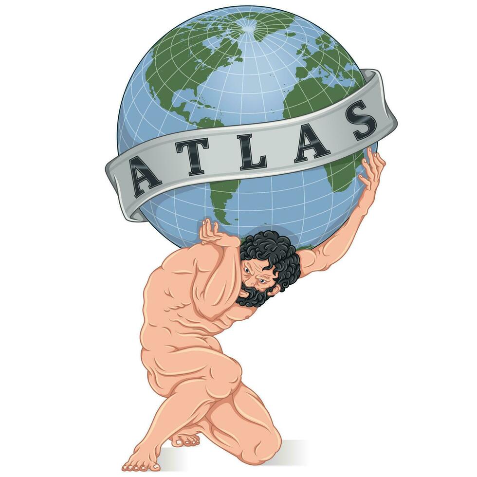 Vector design of Titan Atlas holding the planet Earth, Greek mythology titan holding the Earth sphere, surrounded with ribbon