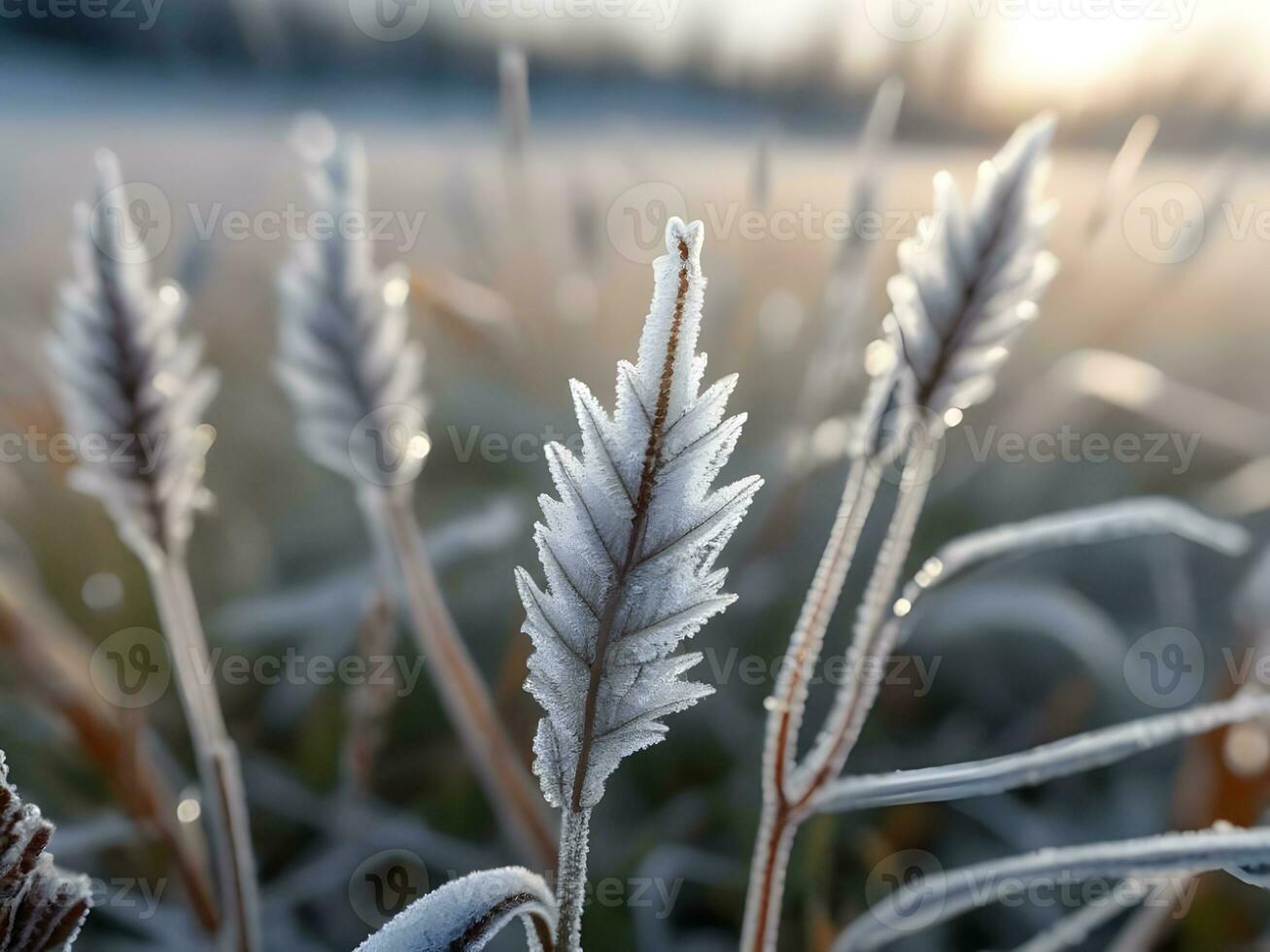 Photo frost-covered plants in a meadow against a blurred background. Ai Generated