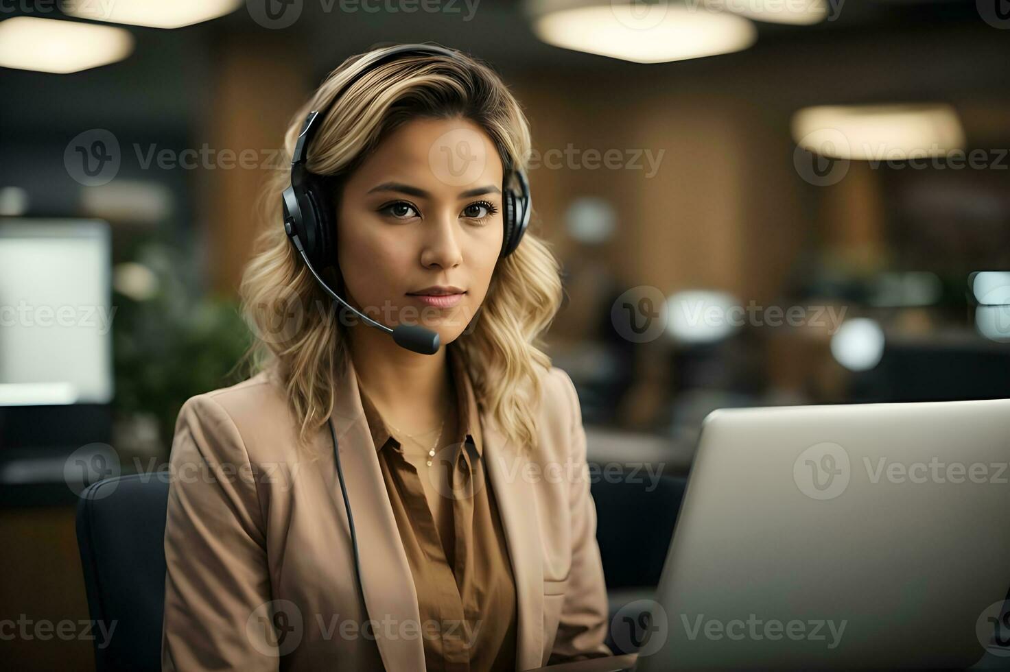 Photo portrait of woman customer service worker in sitting at desk. AI Generated