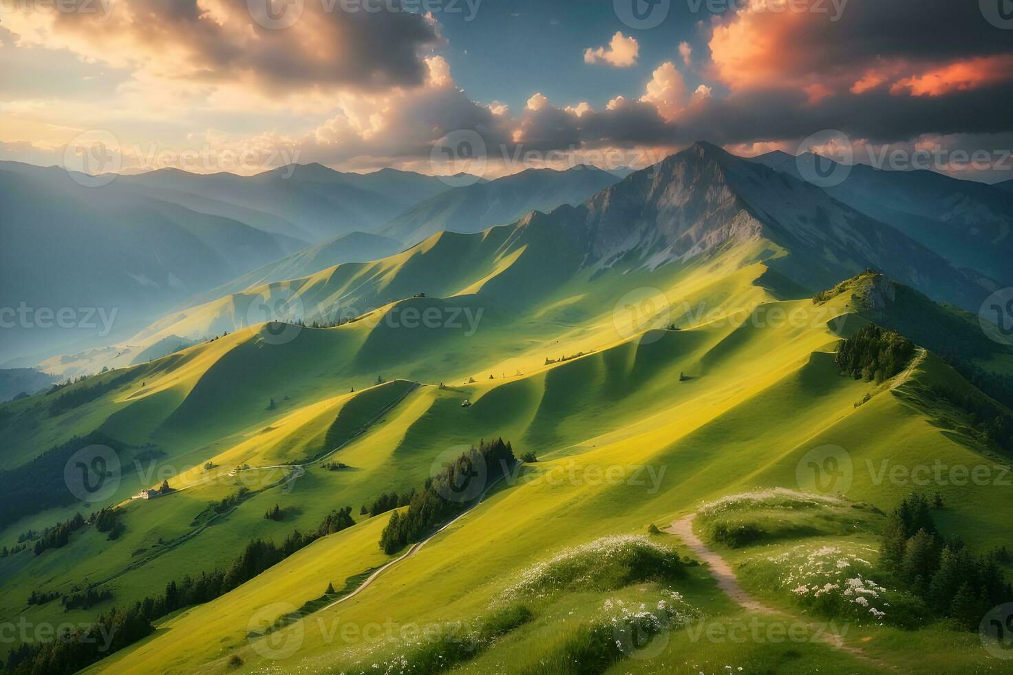 Summer landscape in mountains and the dark blue sky with clouds. AI Generated photo