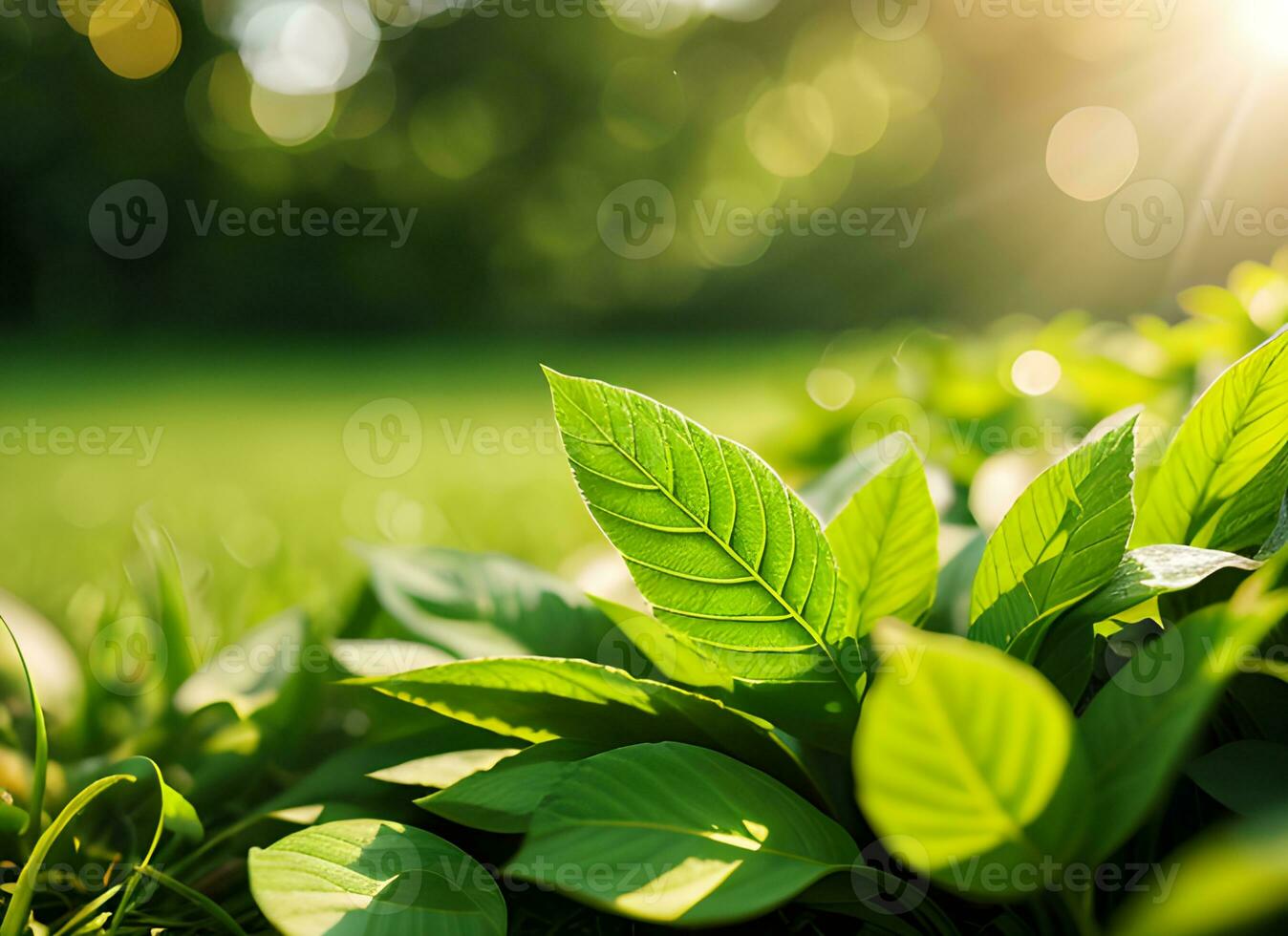 Close up of nature view green leaf on blurred greenery background under sunlight with bokeh. AI Generated photo