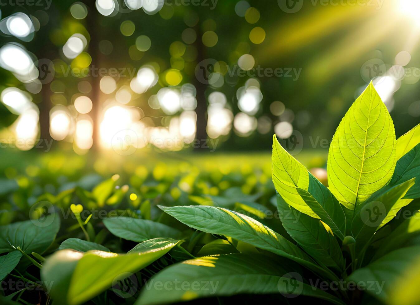 Close up of nature view green leaf on blurred greenery background under sunlight with bokeh. AI Generated photo