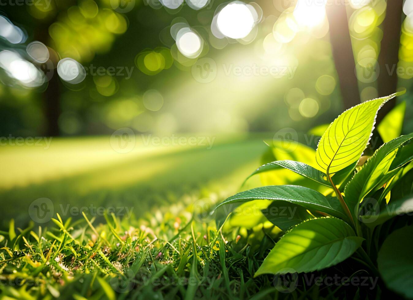 Close up of nature view green leaf on blurred greenery background under sunlight with bokeh. AI Generated photo