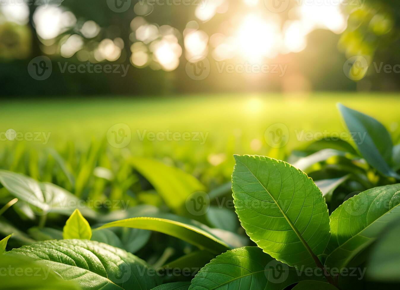 Close up of nature view green leaf on blurred greenery background under sunlight with bokeh. AI Generated photo