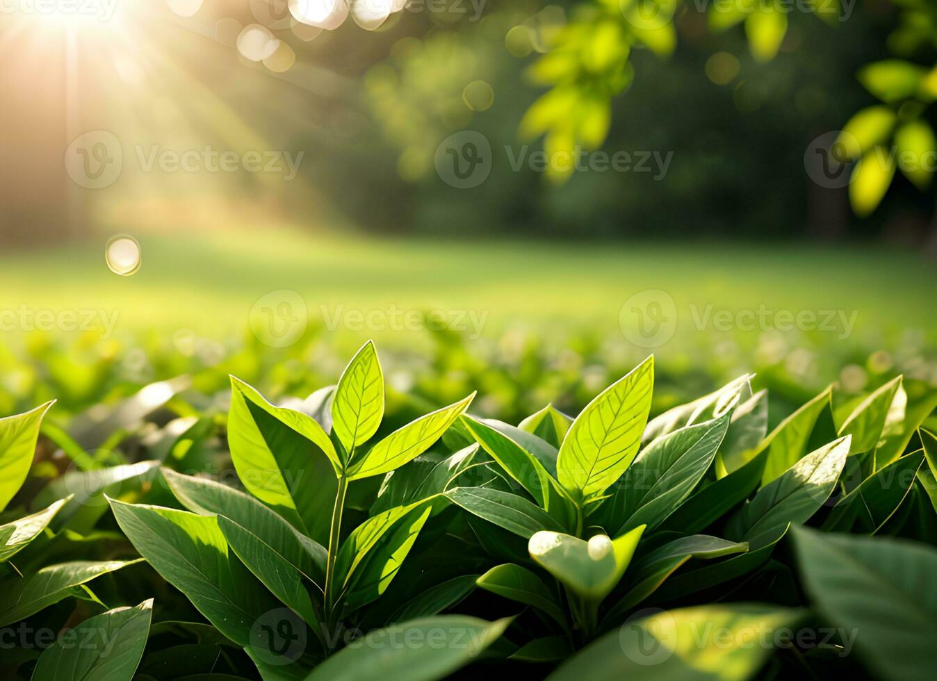 Close up of nature view green leaf on blurred greenery background under sunlight with bokeh. AI Generated photo