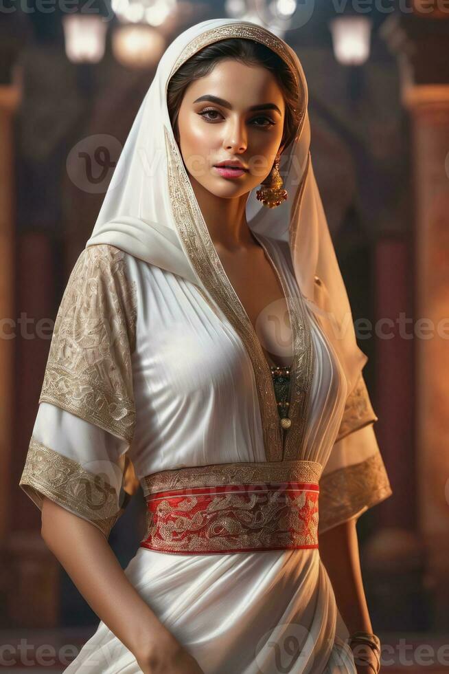 AI Generated Beautiful eastern young woman in traditional national dress like a princess. Generative AI photo