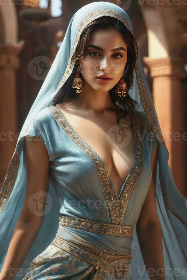 AI Generated Beautiful eastern young woman in traditional national dress like a princess. Generative AI photo