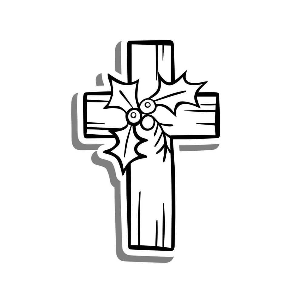 Wood Cross with Holy Burry Outline on white silhouette and gray shadow. Hand drawn cartoon style. Vector illustration for decorate and any design.