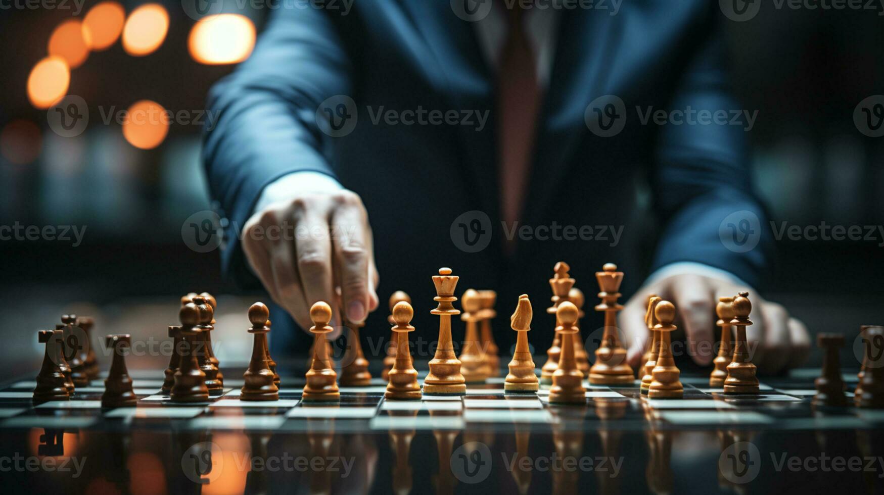 Businessman control chess game concept for ideas business strategy management, development new strategy plan, leader and teamwork, planning for competition, AI Generative photo