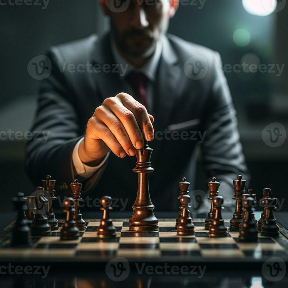 Businessman control chess game concept for ideas business strategy management, development new strategy plan, leader and teamwork, planning for competition, AI Generative photo