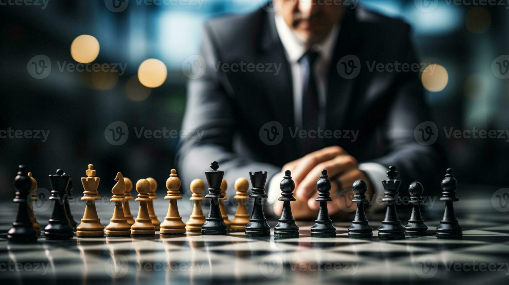 Businessman control chess game concept for ideas business strategy management, development new strategy plan, leader and teamwork, planning for competition, AI Generative photo