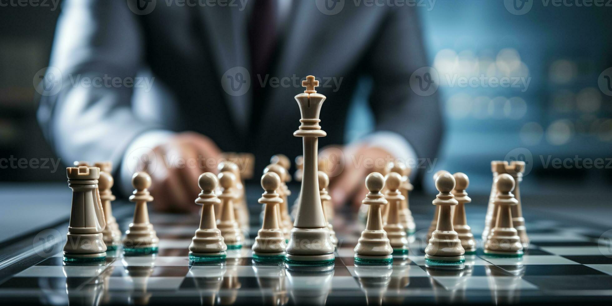 Businessman control chess game concept for ideas business strategy management, development new strategy plan, leader and teamwork, planning for competition, AI Generative photo