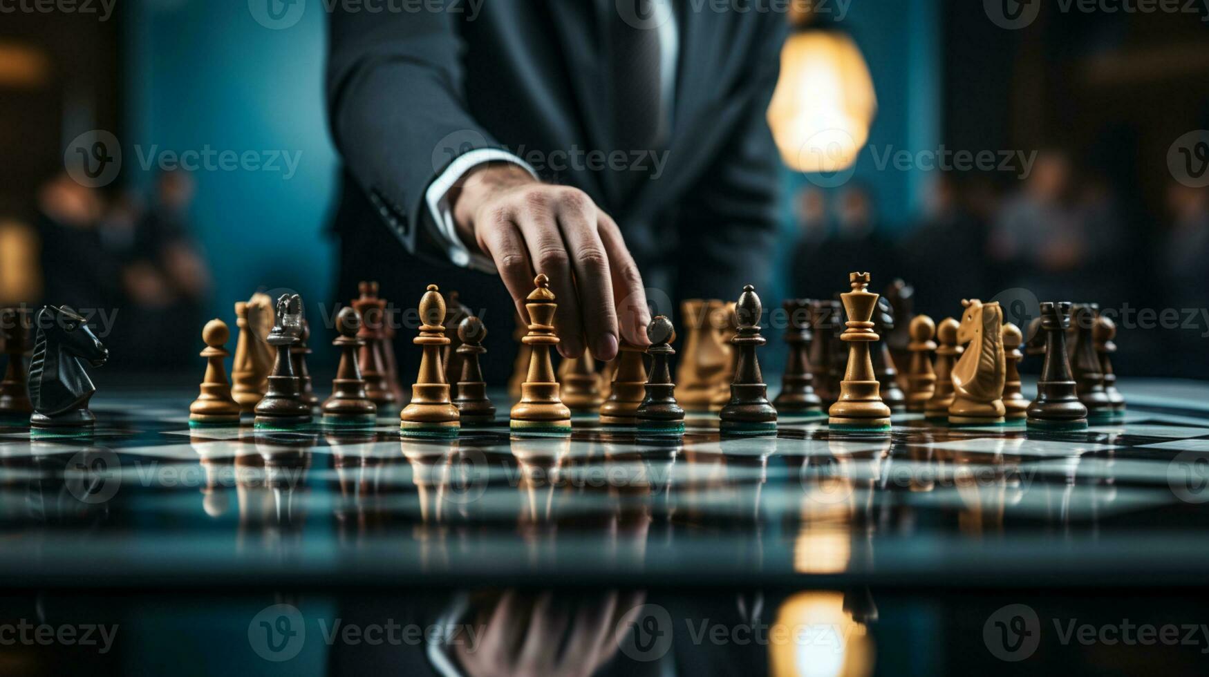 empresario controlar ajedrez juego concepto para ideas negocio estrategia gestión, desarrollo nuevo estrategia plan, líder y trabajo en equipo, planificación para competencia, ai generativo foto
