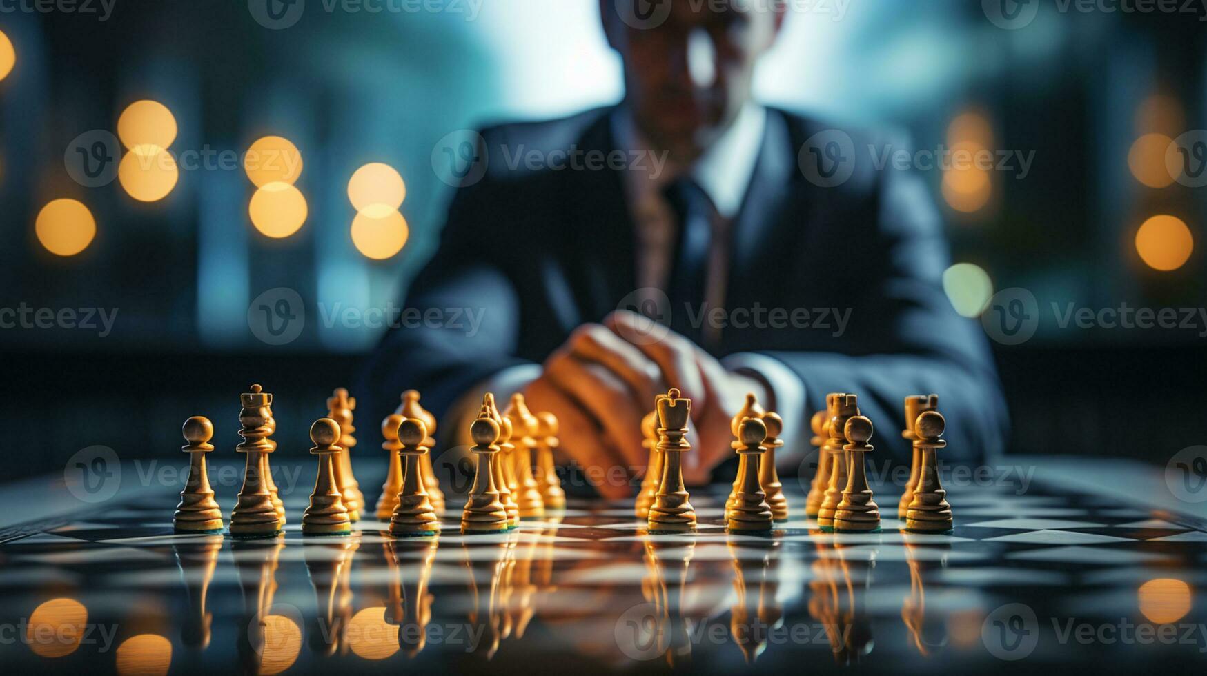 Businessman control chess game concept for ideas business strategy management, development new strategy plan, leader and teamwork, planning for competition, AI Generative photo