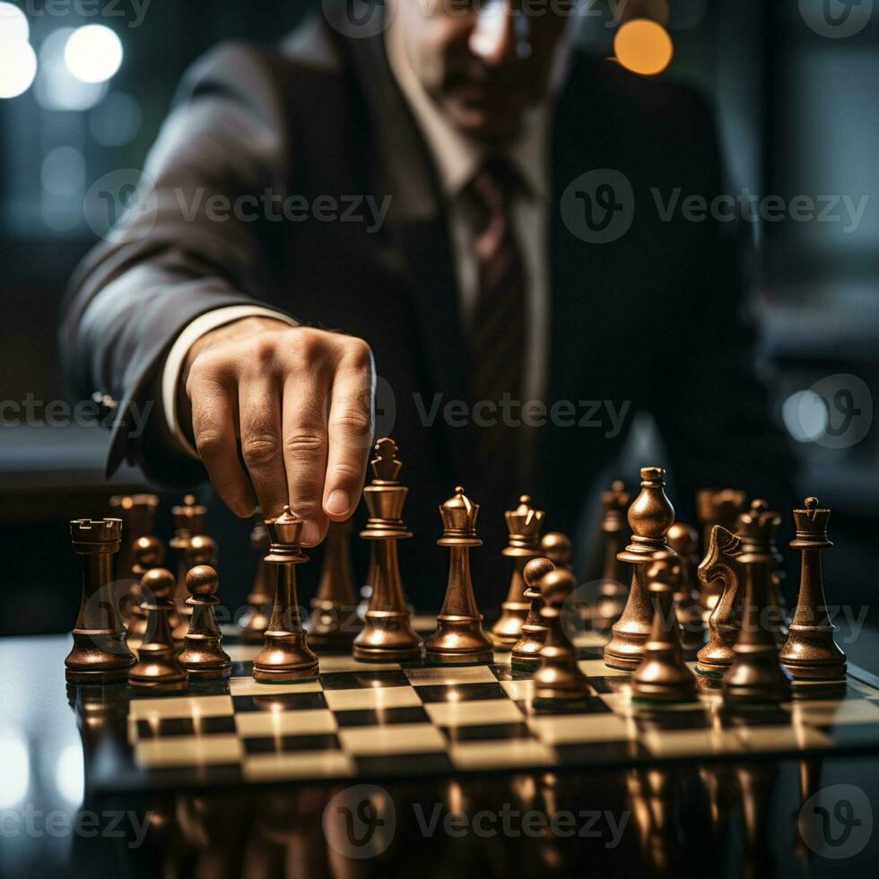 Businessman control chess game concept for ideas business strategy management, development new strategy plan, leader and teamwork, planning for competition, AI Generative photo