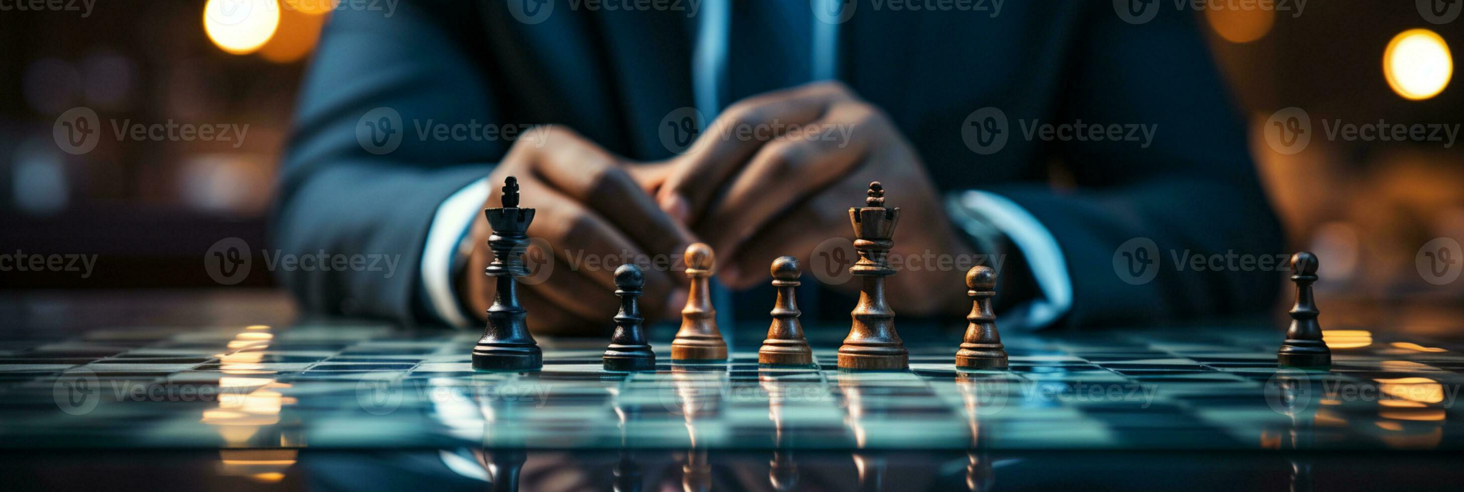 Businessman control chess game concept for ideas business strategy management, development new strategy plan, leader and teamwork, planning for competition, AI Generative photo