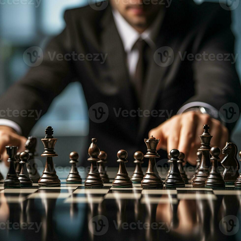 Businessman control chess game concept for ideas business strategy management, development new strategy plan, leader and teamwork, planning for competition, AI Generative photo