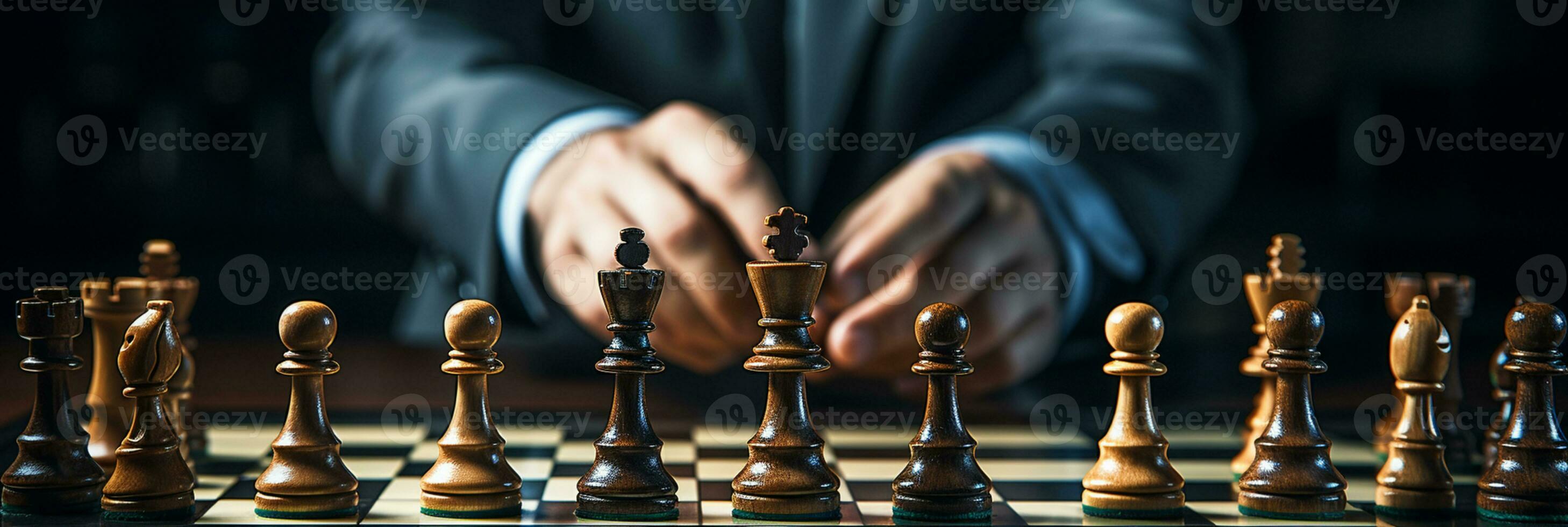 Businessman control chess game concept for ideas business strategy management, development new strategy plan, leader and teamwork, planning for competition, AI Generative photo