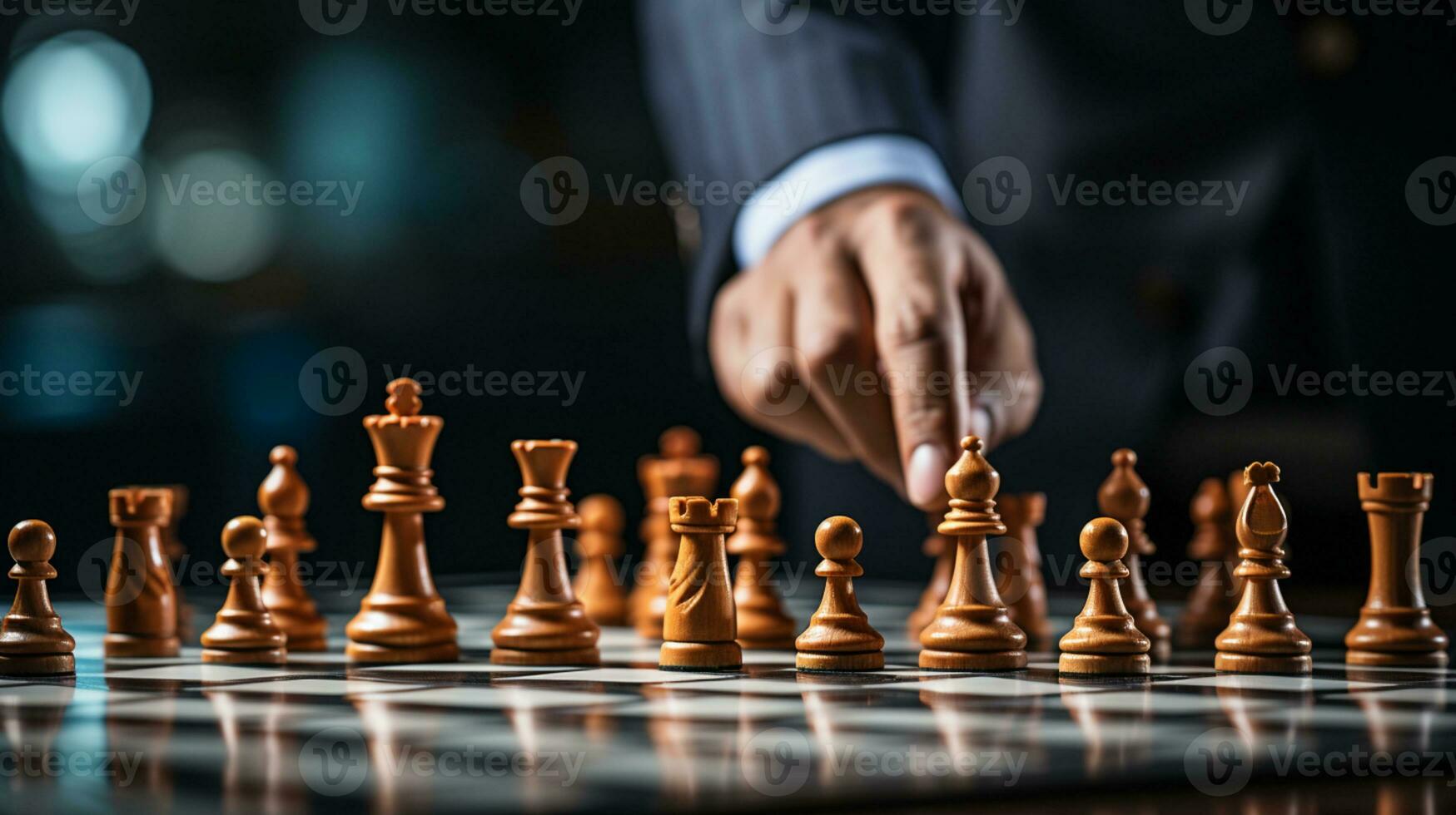 Businessman control chess game concept for ideas business strategy management, development new strategy plan, leader and teamwork, planning for competition, AI Generative photo