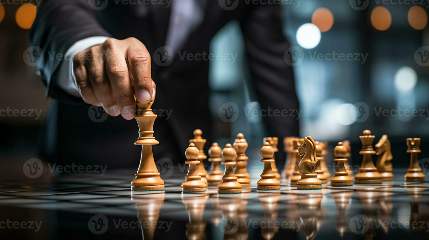 Businessman control chess game concept for ideas business strategy management, development new strategy plan, leader and teamwork, planning for competition, AI Generative photo