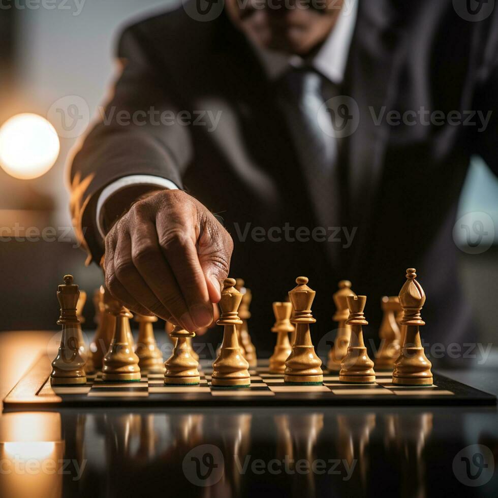 Businessman control chess game concept for ideas business strategy management, development new strategy plan, leader and teamwork, planning for competition, AI Generative photo