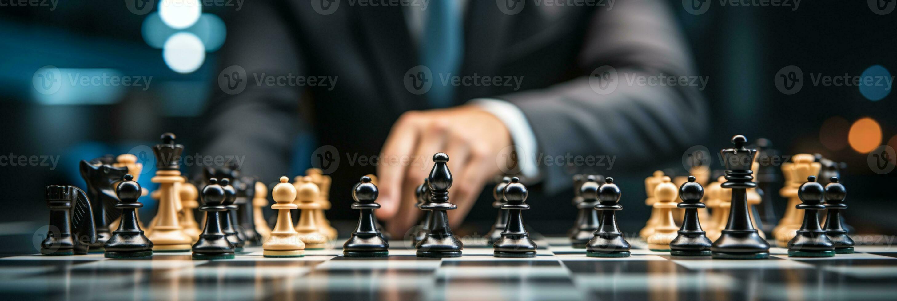 Businessman control chess game concept for ideas business strategy management, development new strategy plan, leader and teamwork, planning for competition, AI Generative photo