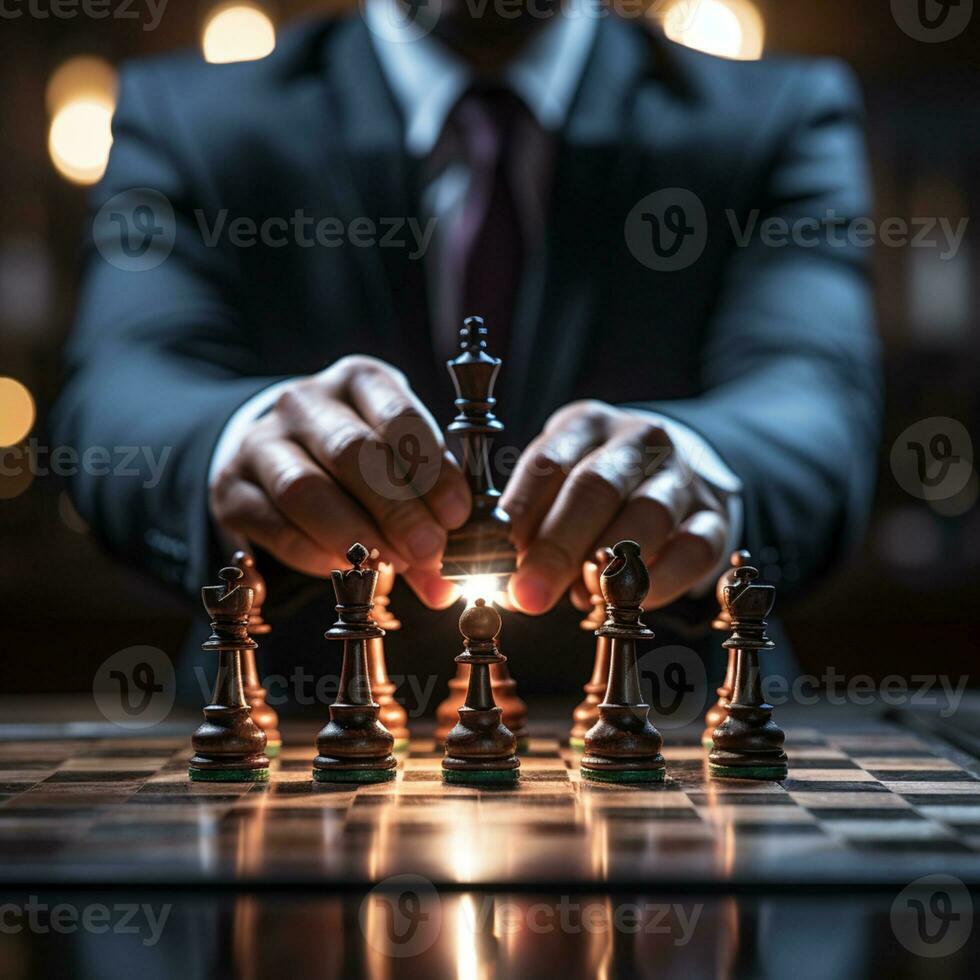 Businessman control chess game concept for ideas business strategy management, development new strategy plan, leader and teamwork, planning for competition, AI Generative photo