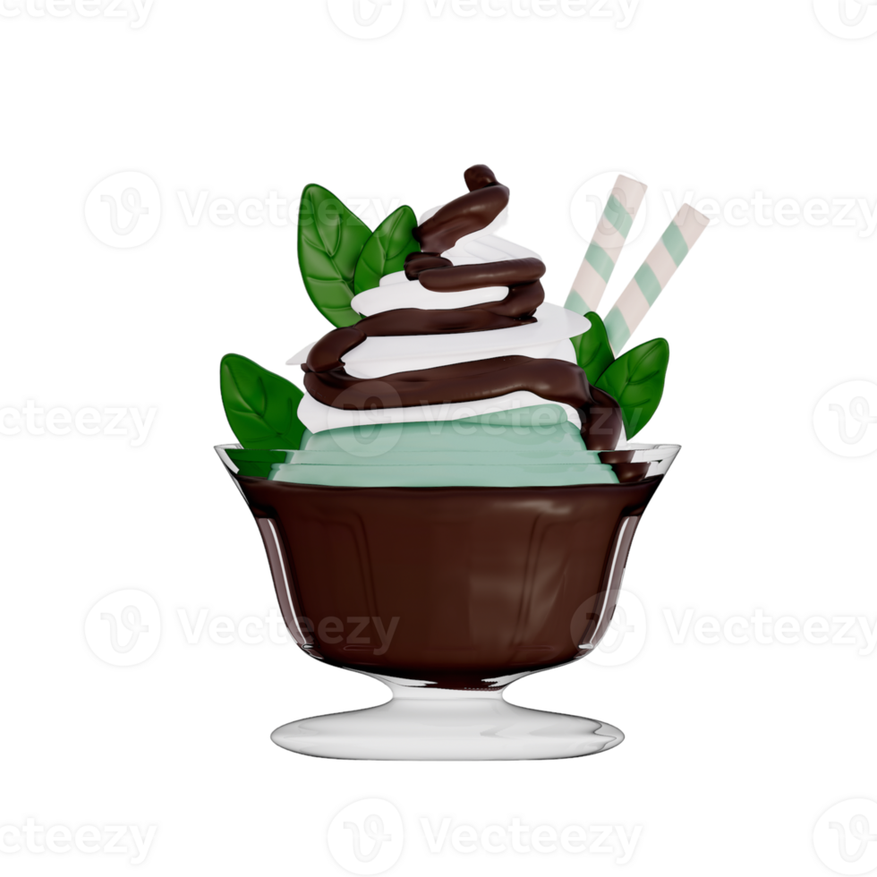 Chocolate Dessert 3D Clipart , set of Chocolate Mint Ice Cream Sundae topped with a whipped cream png