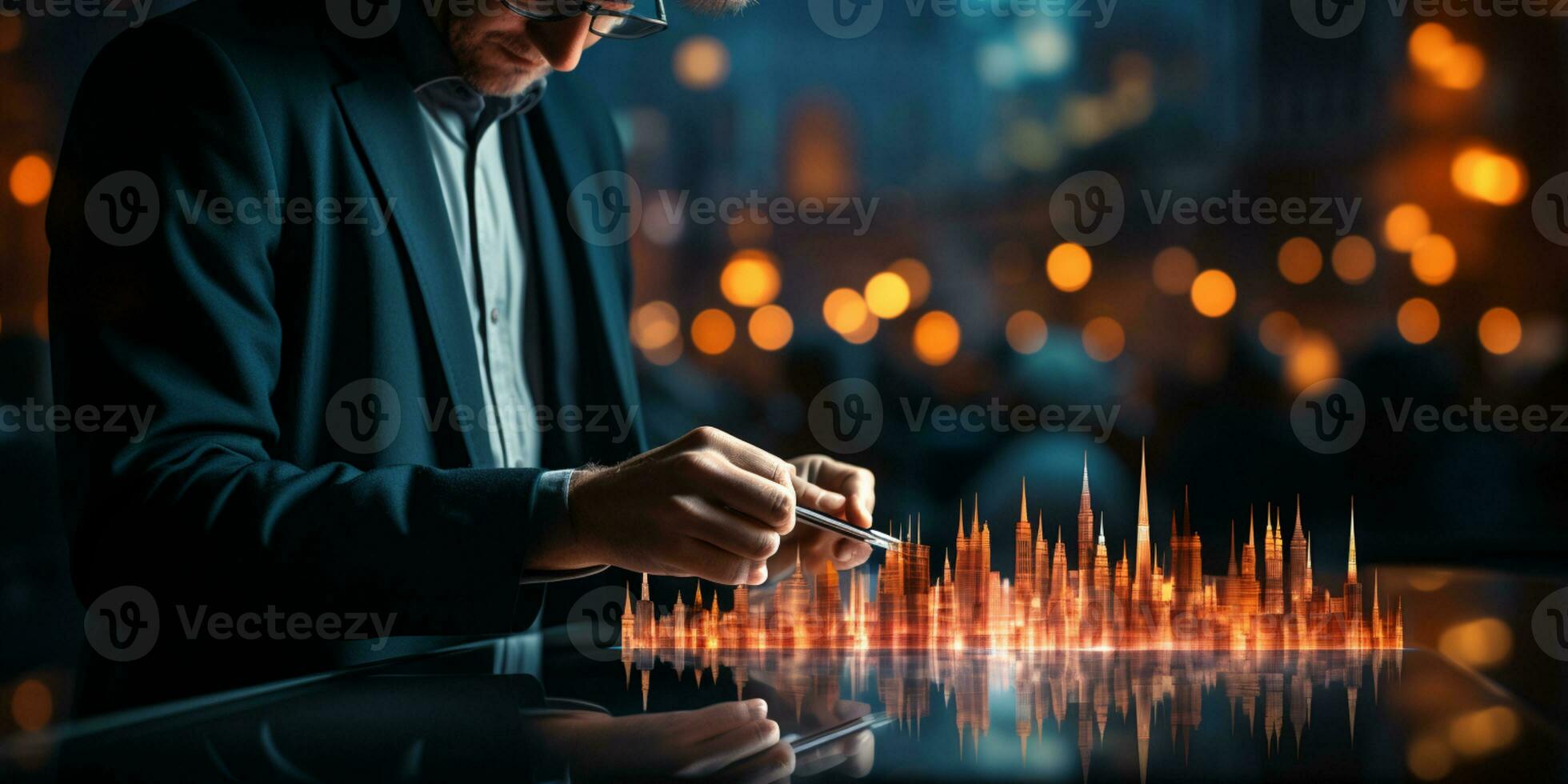 Businessman hands touch on virtual futuristic cyber city, network system, digital future and innovation in city, technology information, AI Generative photo