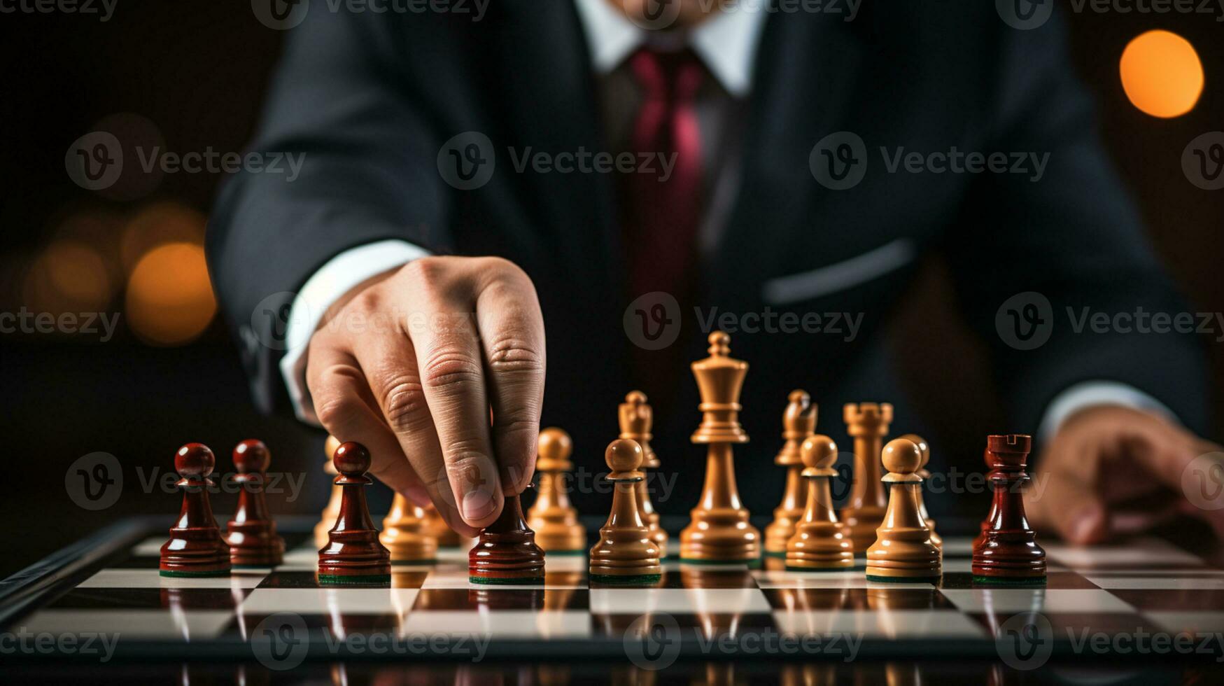 Businessman control chess game concept for ideas business strategy management, development new strategy plan, leader and teamwork, planning for competition, AI Generative photo