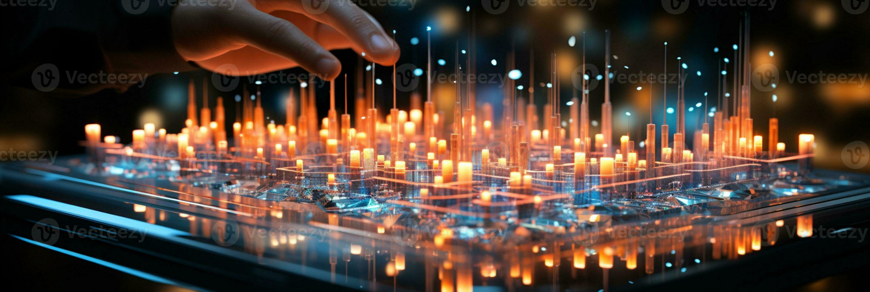 Businessman hands touch on virtual futuristic cyber city, network system, digital future and innovation in city, technology information, AI Generative photo