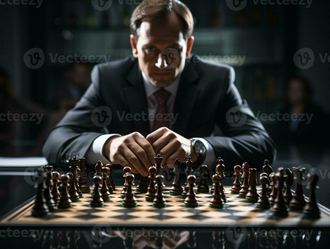 Businessman control chess game concept for ideas business strategy management, development new strategy plan, leader and teamwork, planning for competition, AI Generative photo