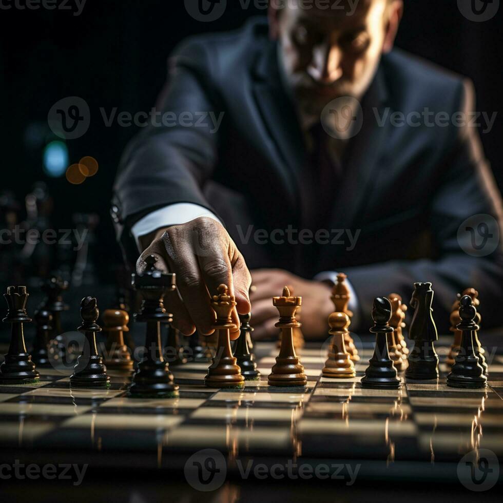 Businessman control chess game concept for ideas business strategy management, development new strategy plan, leader and teamwork, planning for competition, AI Generative photo