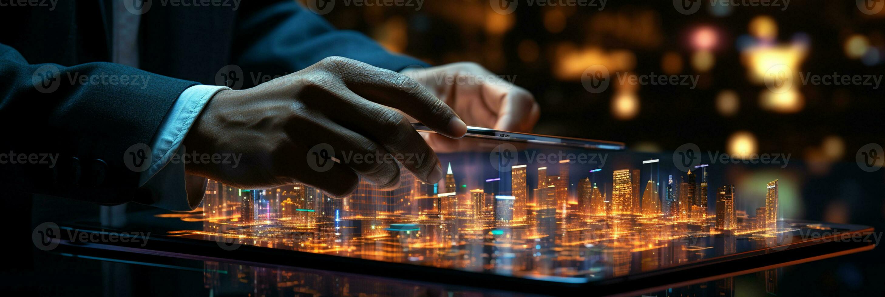 Businessman hands touch on virtual futuristic cyber city, network system, digital future and innovation in city, technology information, AI Generative photo