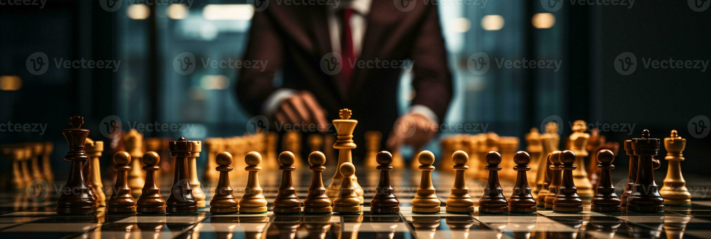 Businessman control chess game concept for ideas business strategy management, development new strategy plan, leader and teamwork, planning for competition, AI Generative photo